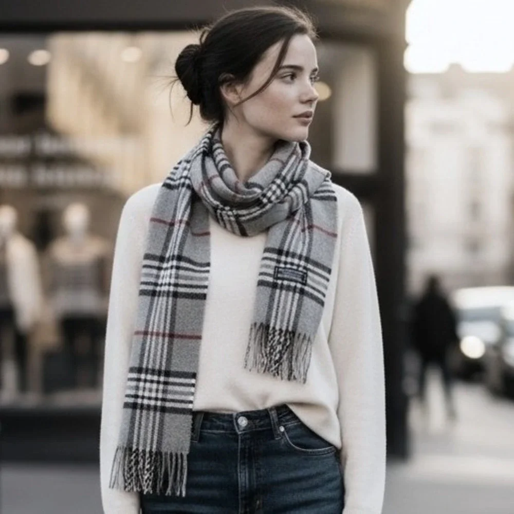 Vintage Burberrys of London Scarf 100% Lambswool Grey Nova Check Plaid Scotland‎